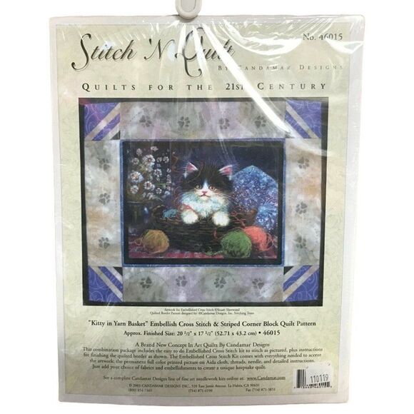 Kitty In Yarn Basket Vtg Stitch and Quilt Embellished Cross Stitch & Quilt Kit - Picture 1 of 3